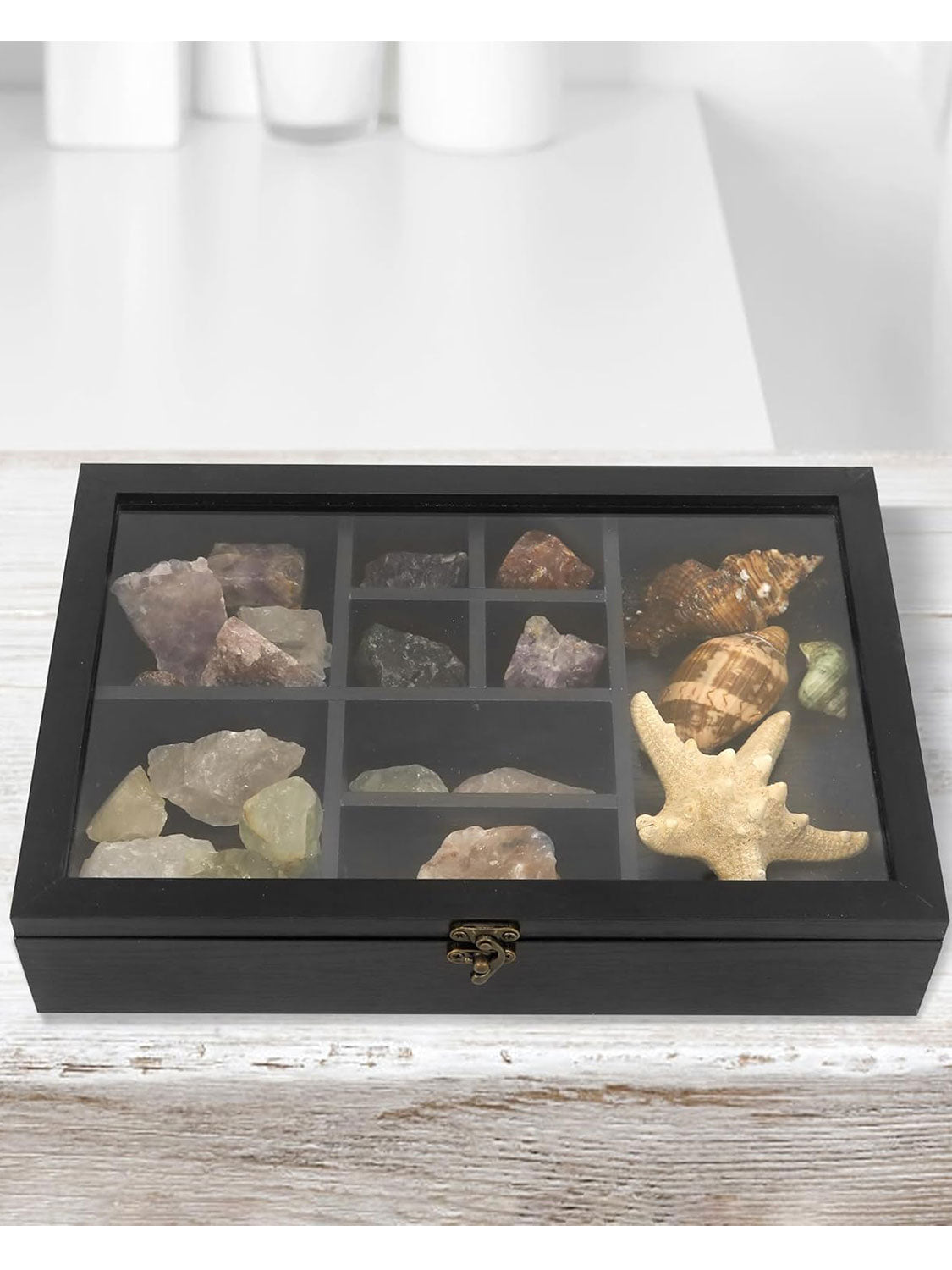 Rock Display Case-Crystal Collection Box with Shelves -Onyx Opal Crystal Stand Displayed in 9 Different Sizes of Grids-Gem Holder