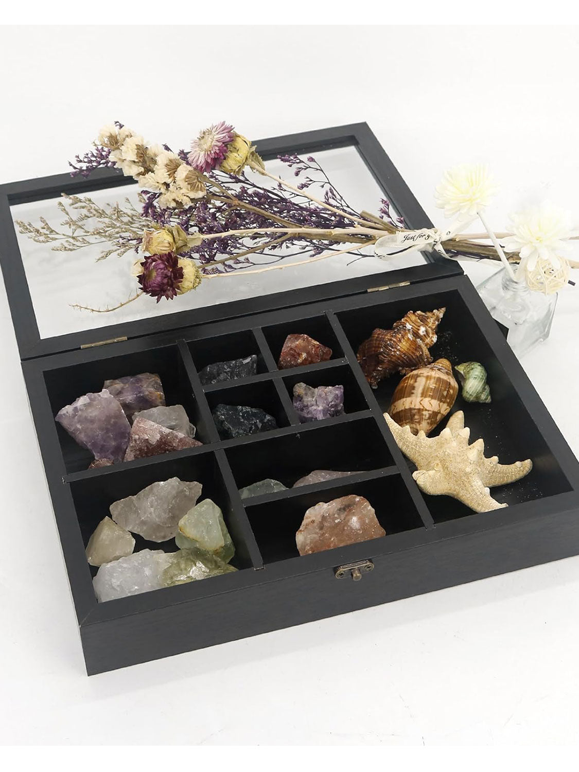 Rock Display Case-Crystal Collection Box with Shelves -Onyx Opal Crystal Stand Displayed in 9 Different Sizes of Grids-Gem Holder