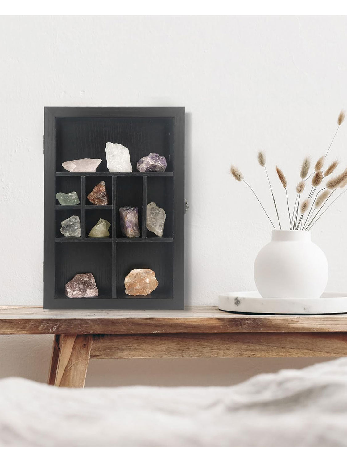 Rock Display Case-Crystal Collection Box with Shelves -Onyx Opal Crystal Stand Displayed in 9 Different Sizes of Grids-Gem Holder