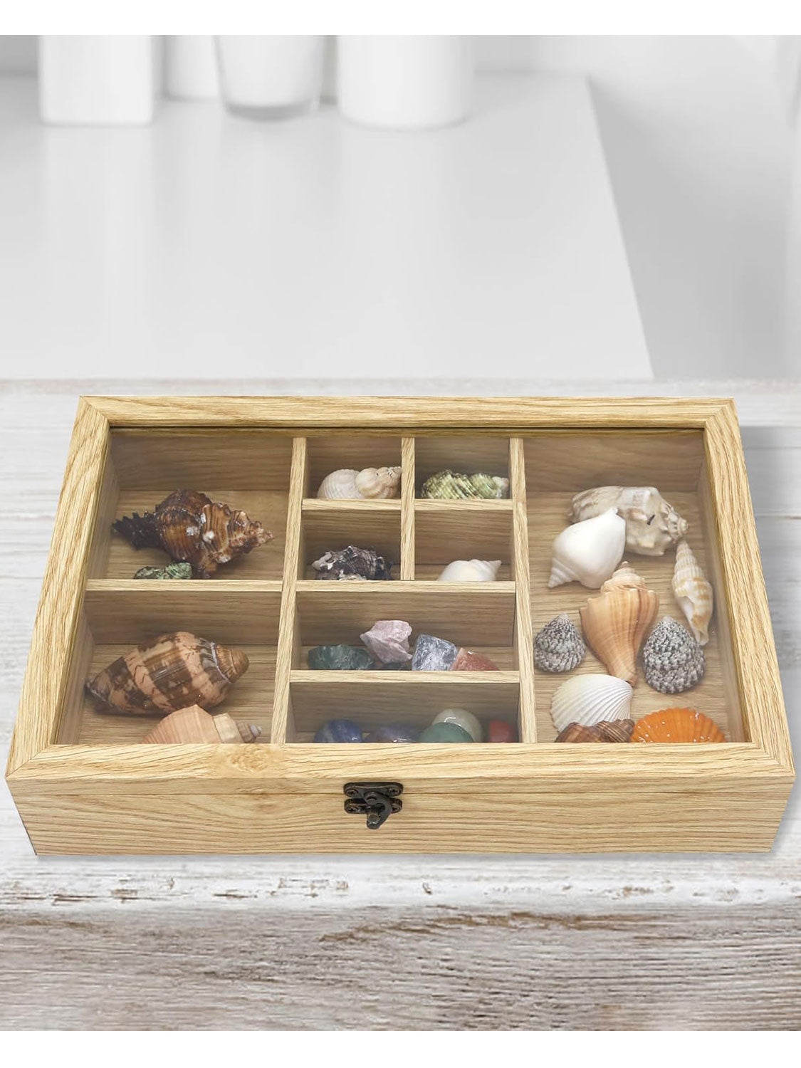 Rock Display Case-Crystal Collection Box with Shelves -Onyx Opal Crystal Stand Displayed in 9 Different Sizes of Grids-Gem Holder