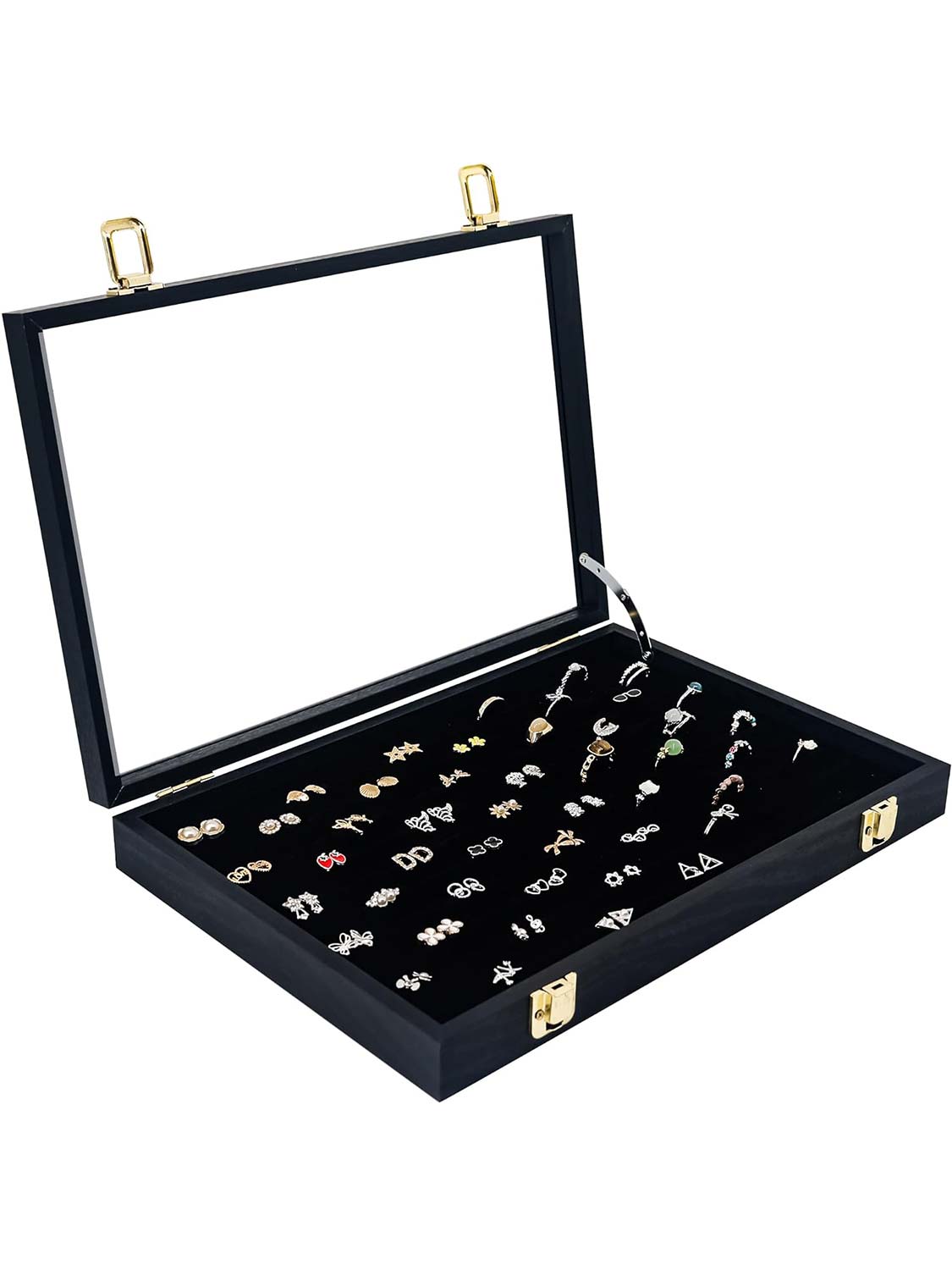 Black Velvet Jewelry Display Box with Real Glass Lid for Earring Storage Tray or Ring Holder Organizer