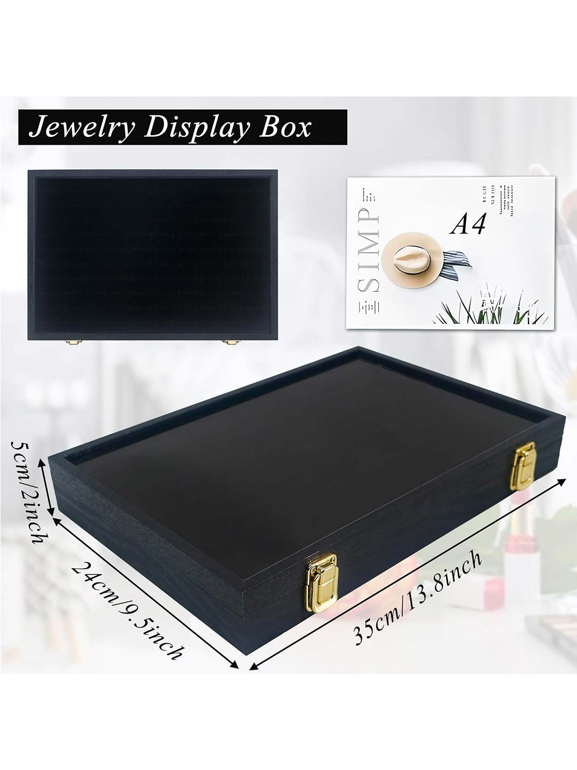 Black Velvet Jewelry Display Box with Real Glass Lid for Earring Storage Tray or Ring Holder Organizer