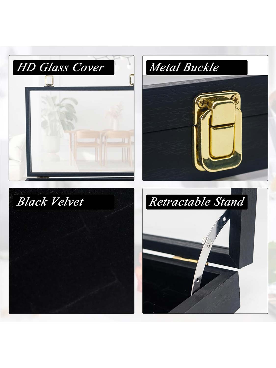 Black Velvet Jewelry Display Box with Real Glass Lid for Earring Storage Tray or Ring Holder Organizer