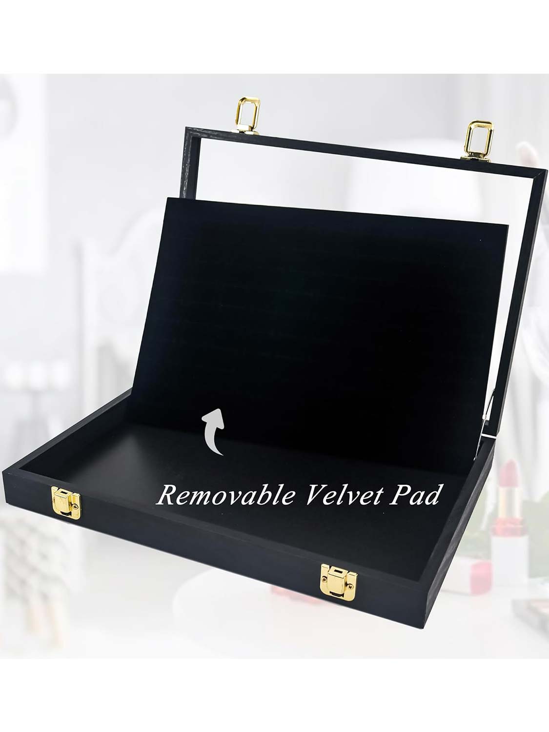 Black Velvet Jewelry Display Box with Real Glass Lid for Earring Storage Tray or Ring Holder Organizer