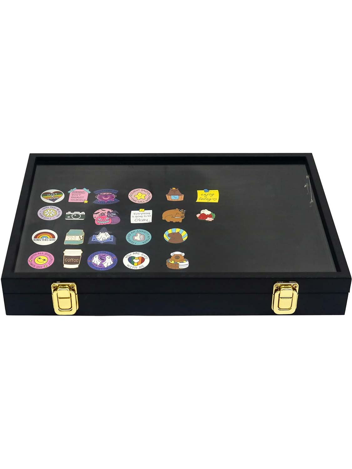13.8*9.5 Black Wooden Velvet Padding Frame with Retractable Stand and Real Glass for Secure Pin Collection Display
