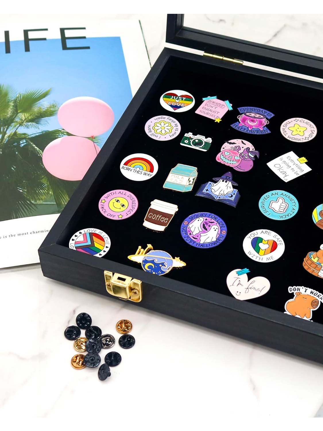 13.8*9.5 Black Wooden Velvet Padding Frame with Retractable Stand and Real Glass for Secure Pin Collection Display