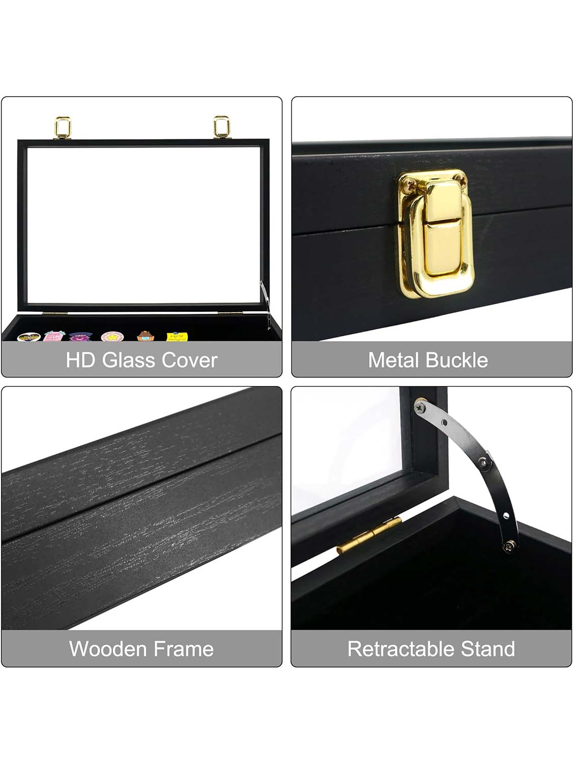 13.8*9.5 Black Wooden Velvet Padding Frame with Retractable Stand and Real Glass for Secure Pin Collection Display