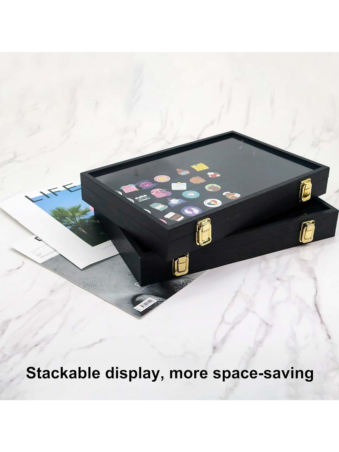 13.8*9.5 Black Wooden Velvet Padding Frame with Retractable Stand and Real Glass for Secure Pin Collection Display