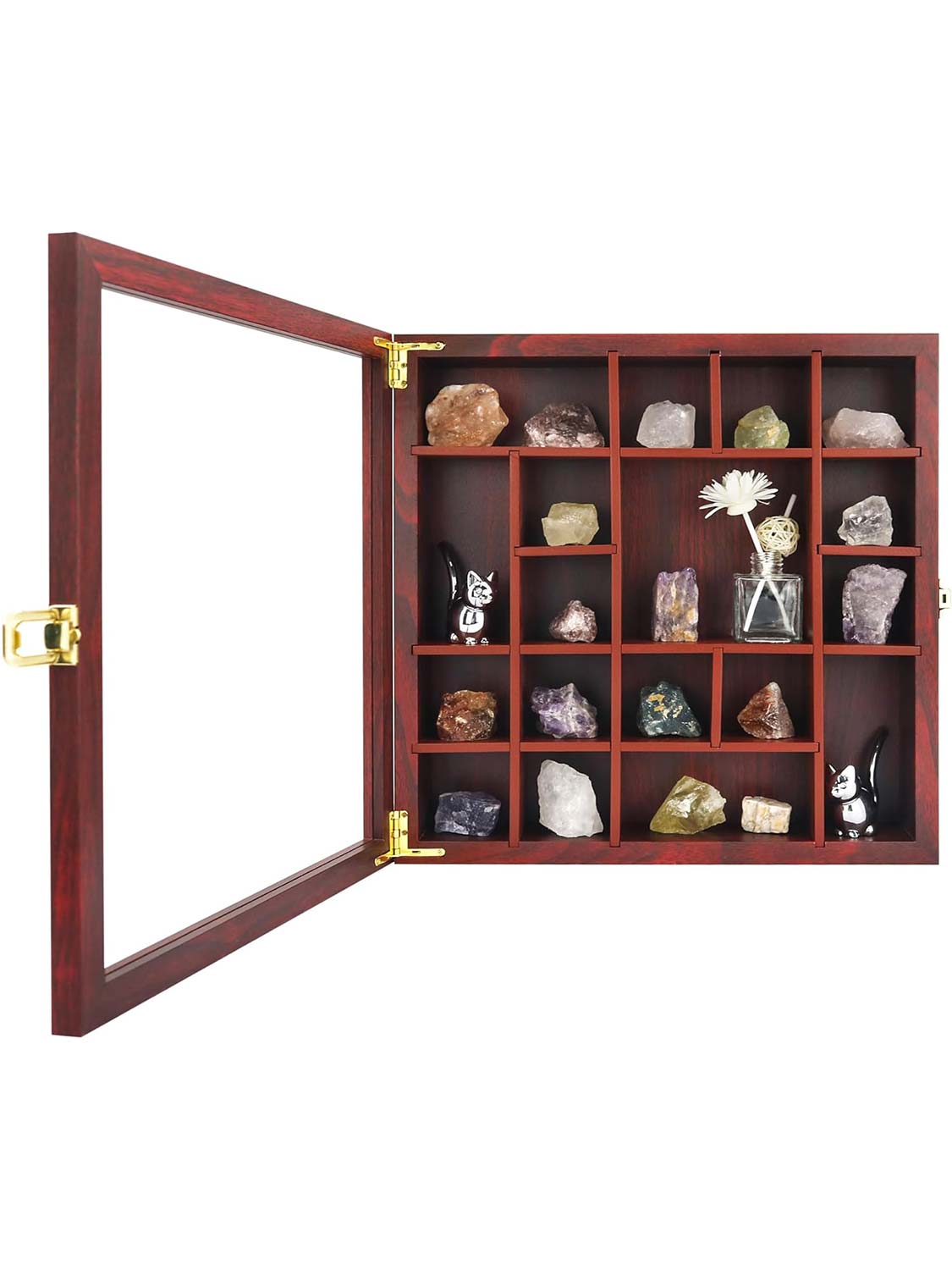 13.5*13.5 Cherry Adjustable Real Glass Lid Rock Collection Display Case with Gem Holder