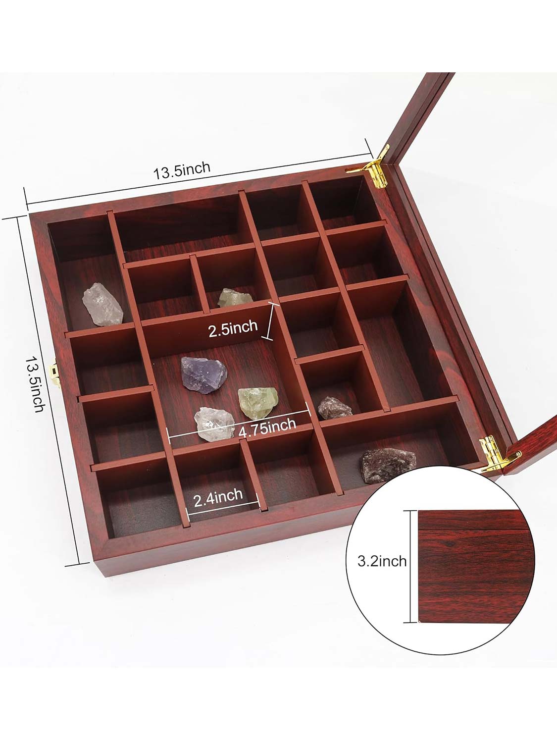 13.5*13.5 Cherry Adjustable Real Glass Lid Rock Collection Display Case with Gem Holder