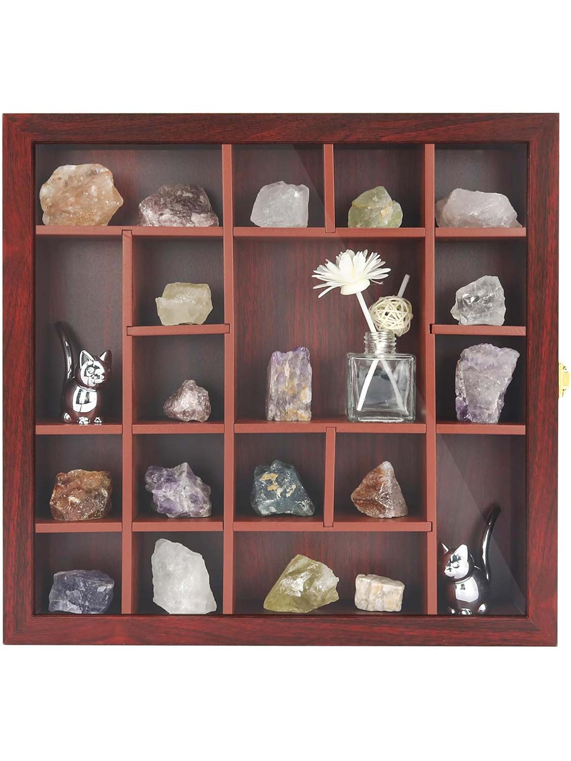 13.5*13.5 Cherry Adjustable Real Glass Lid Rock Collection Display Case with Gem Holder