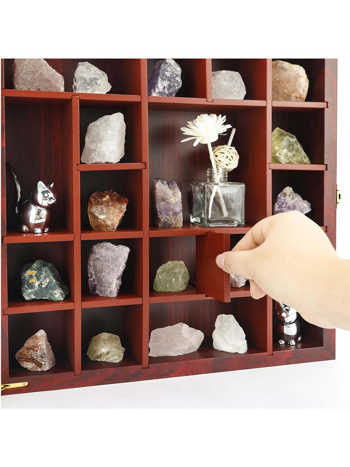 13.5*13.5 Cherry Adjustable Real Glass Lid Rock Collection Display Case with Gem Holder