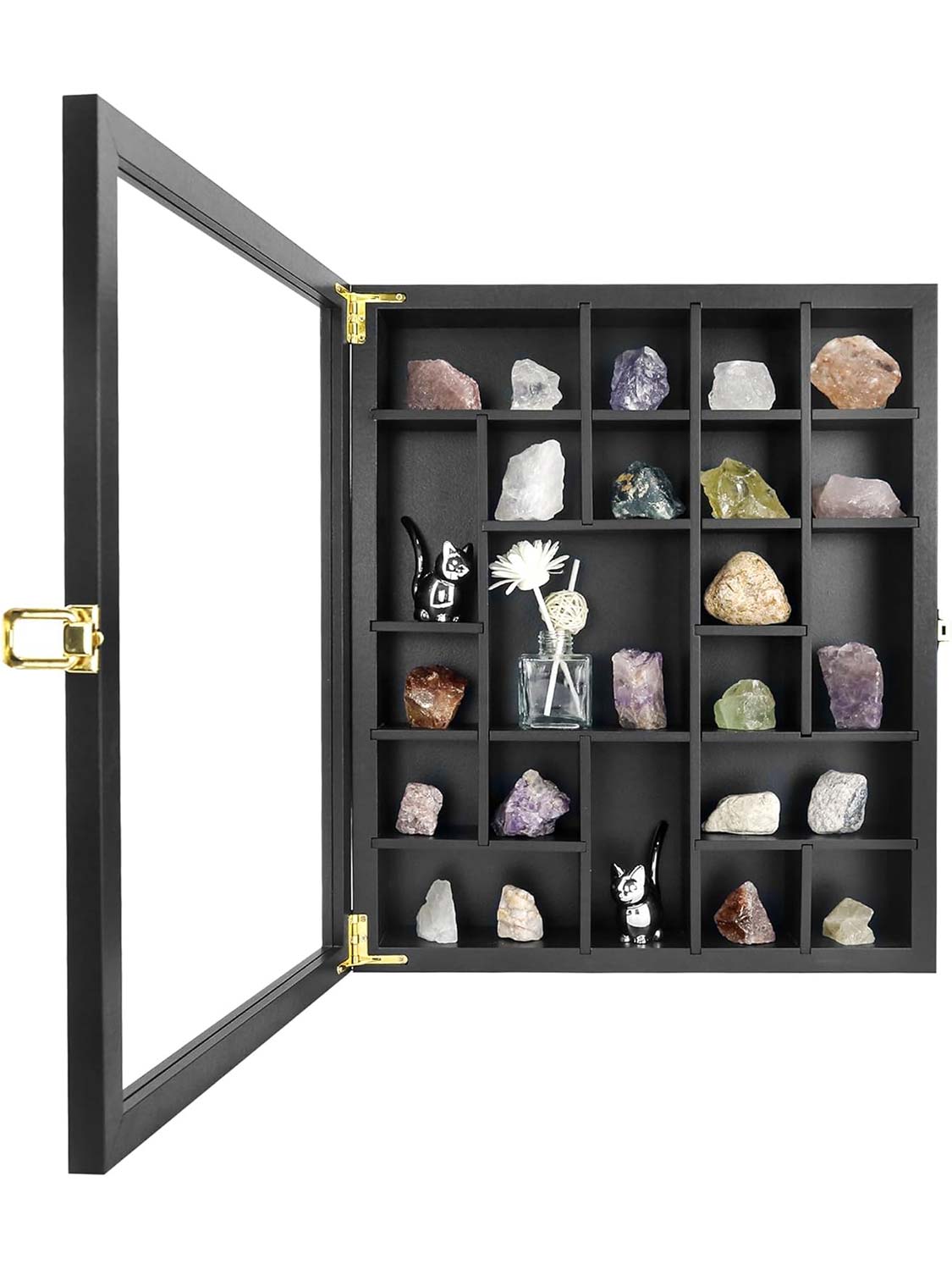 13.5*16 Black Adjustable Real Glass Lid Rock Collection Display Case with Gem Holder