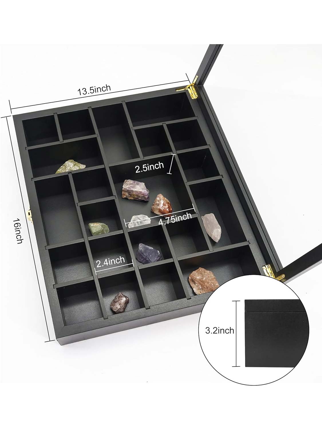 13.5*16 Black Adjustable Real Glass Lid Rock Collection Display Case with Gem Holder