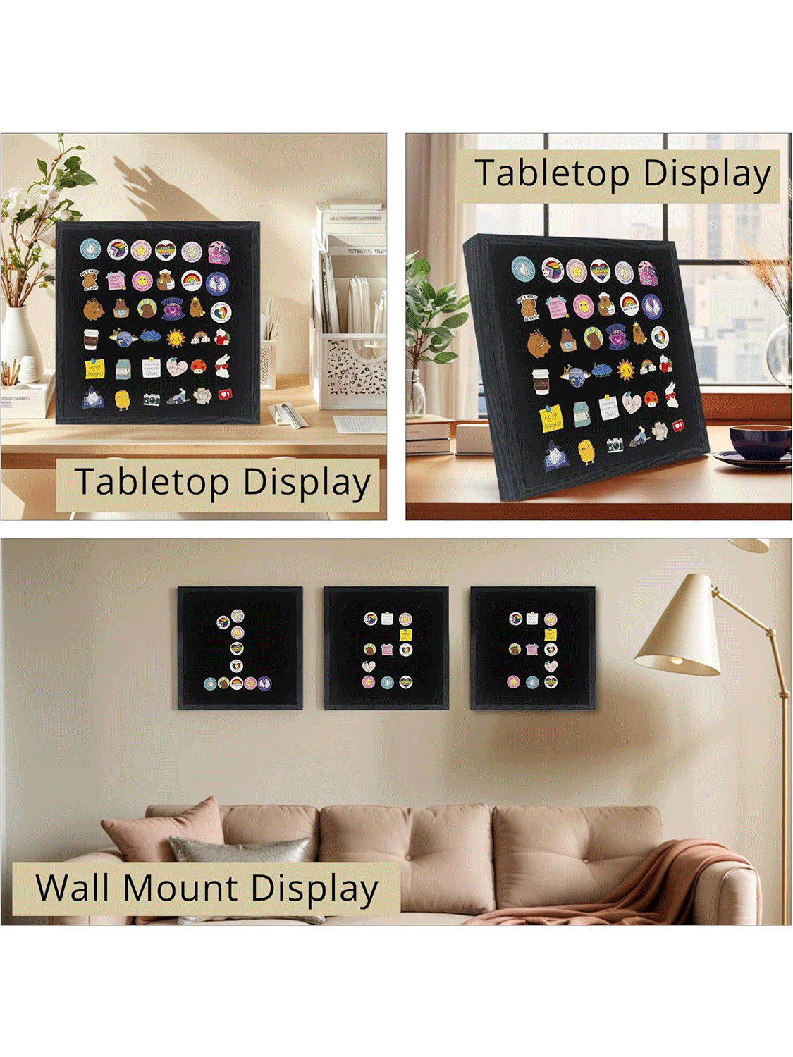Black Enamel Pin Collection Display Case Frame with Real Glass - 3 Sizes Available