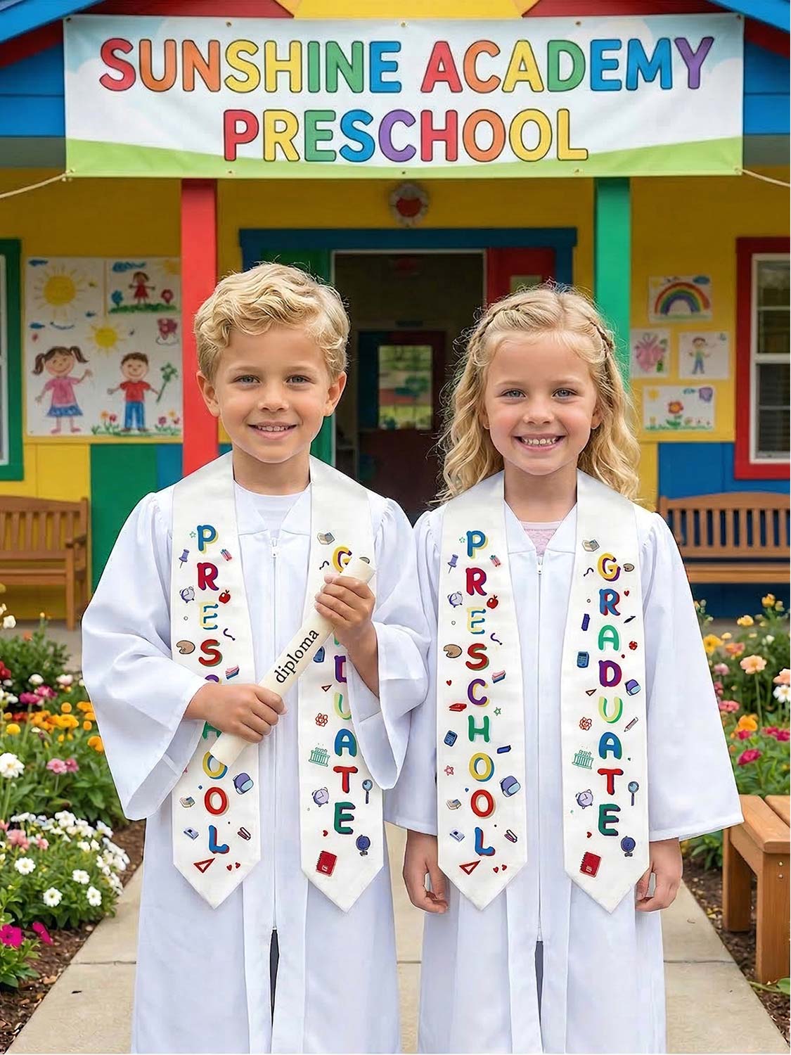 Preschool Graduation Stole Printed Kids Sash - 4 Colors Available