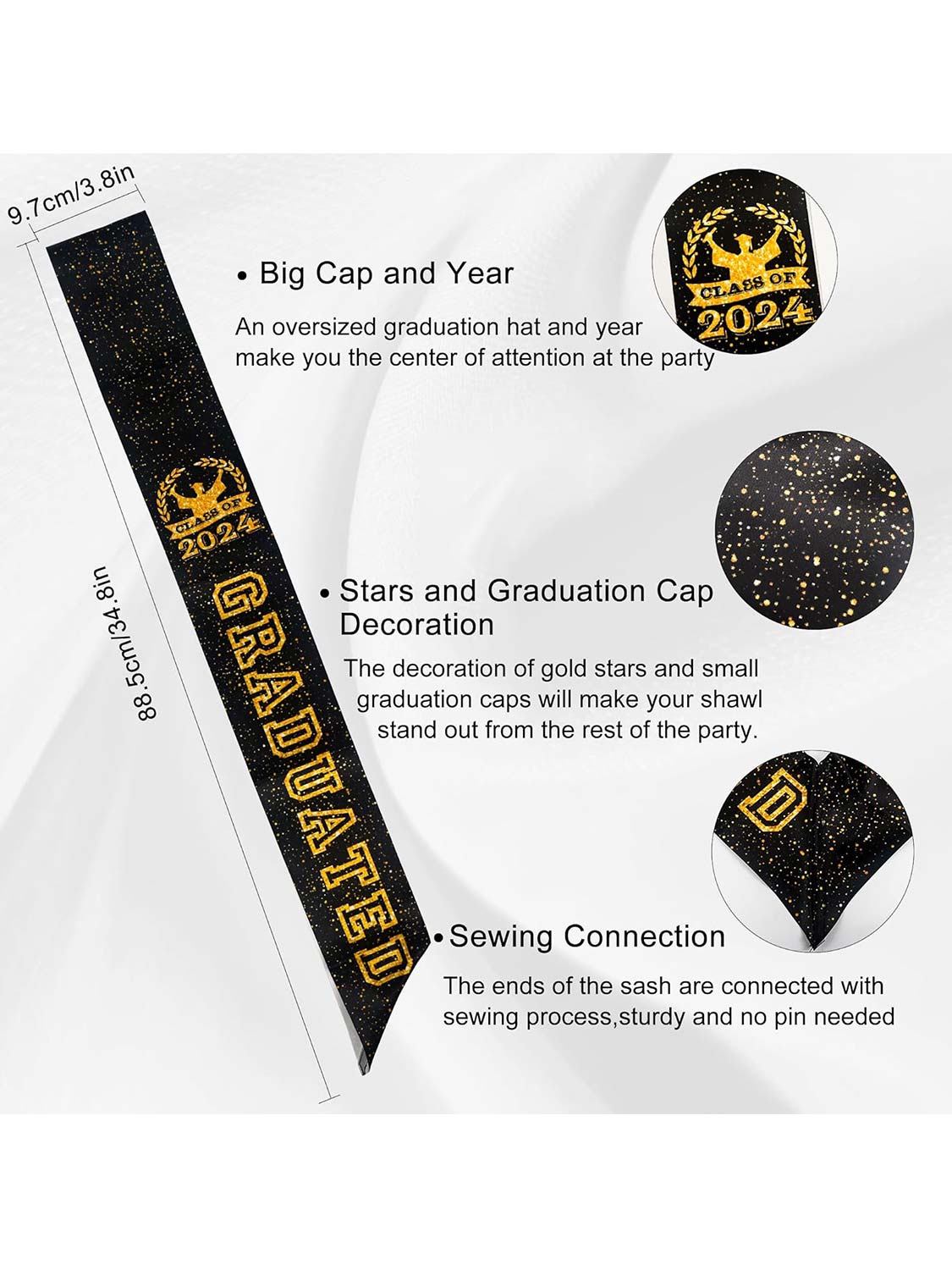 Unisex 2024 Graduation Sash with Gold Glitter Letter Graduated Hat for Party Gift - 2 Colors Available