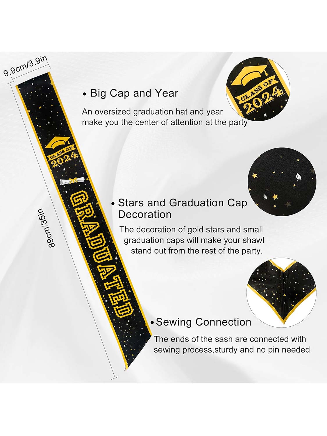 Unisex 2024 Graduation Sash with Gold Glitter Letter Graduated Hat for Party Gift - 2 Colors Available