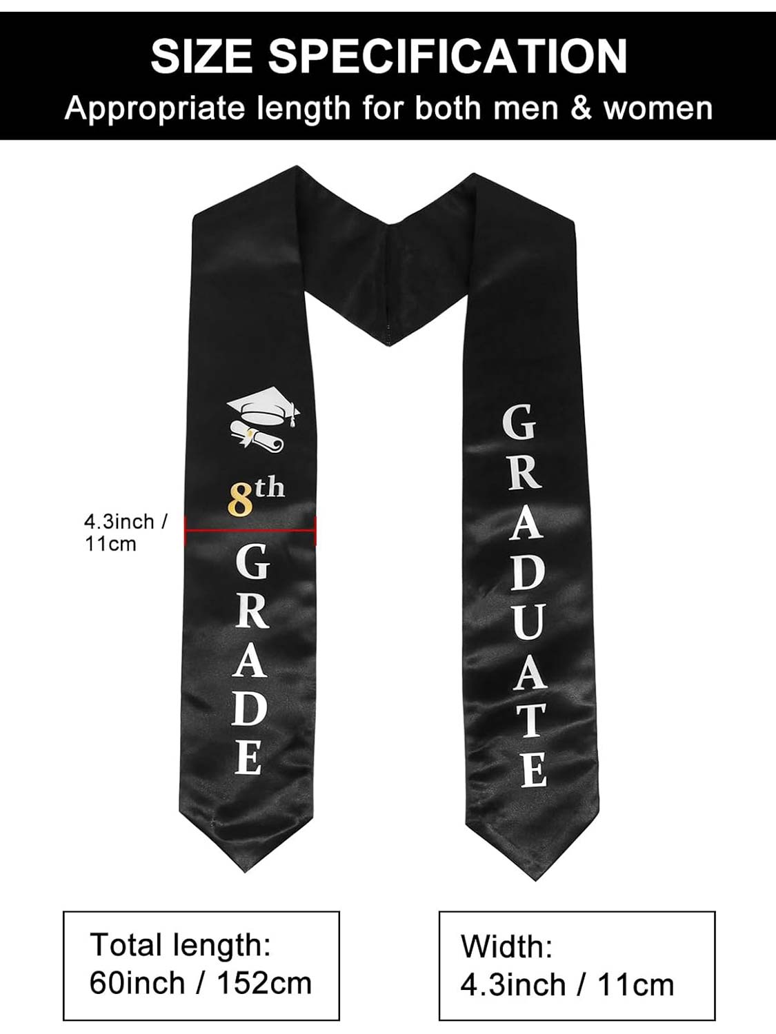 8th Grade Graduation Stole 60" for Middle School Graduation Ceremony- 3 Colors Available
