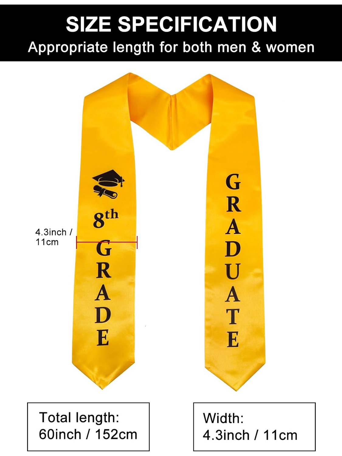 8th Grade Graduation Stole 60" for Middle School Graduation Ceremony- 3 Colors Available