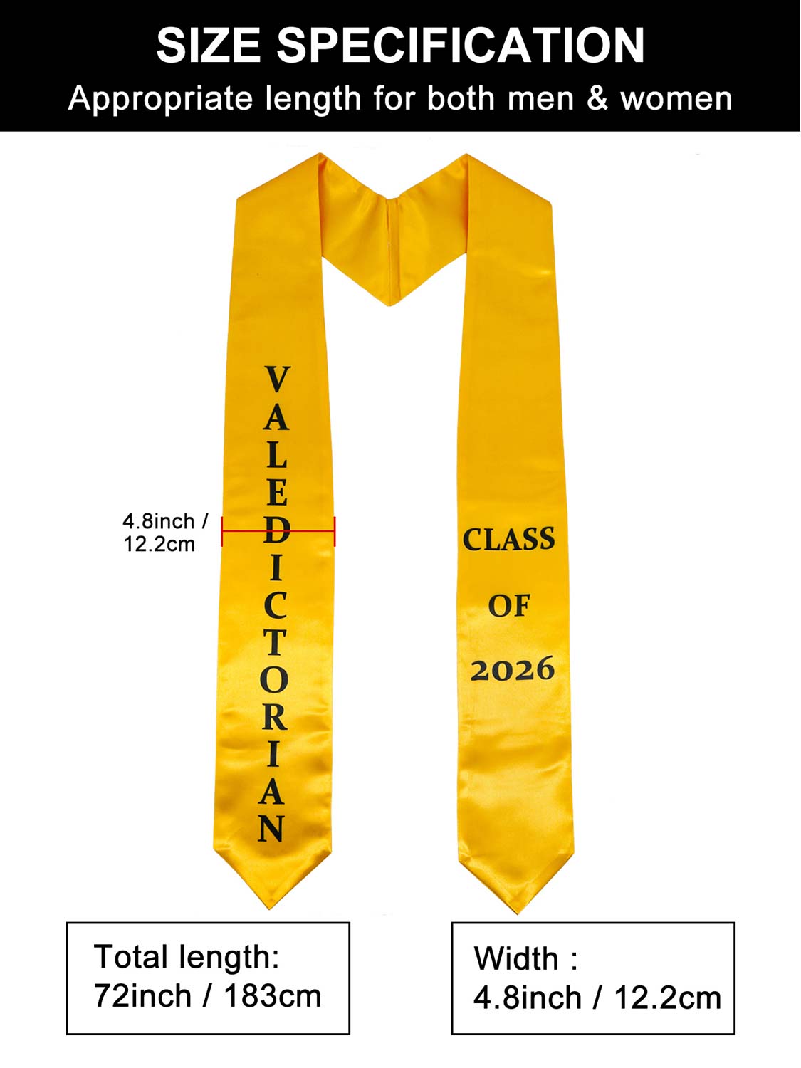 Class of 2026 Printed Valedictorian, Salutatorian & Honor Graduation Stole 72" - 2 Colors Available