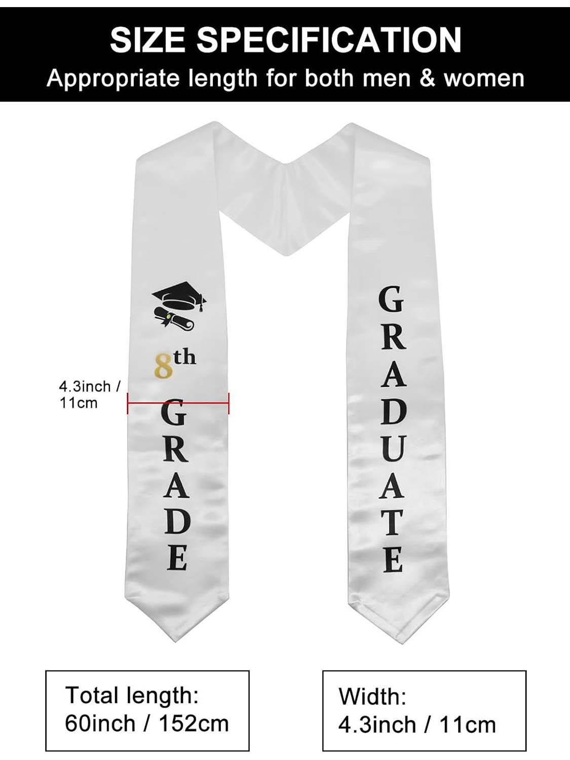 8th Grade Graduation Stole 60" for Middle School Graduation Ceremony- 3 Colors Available