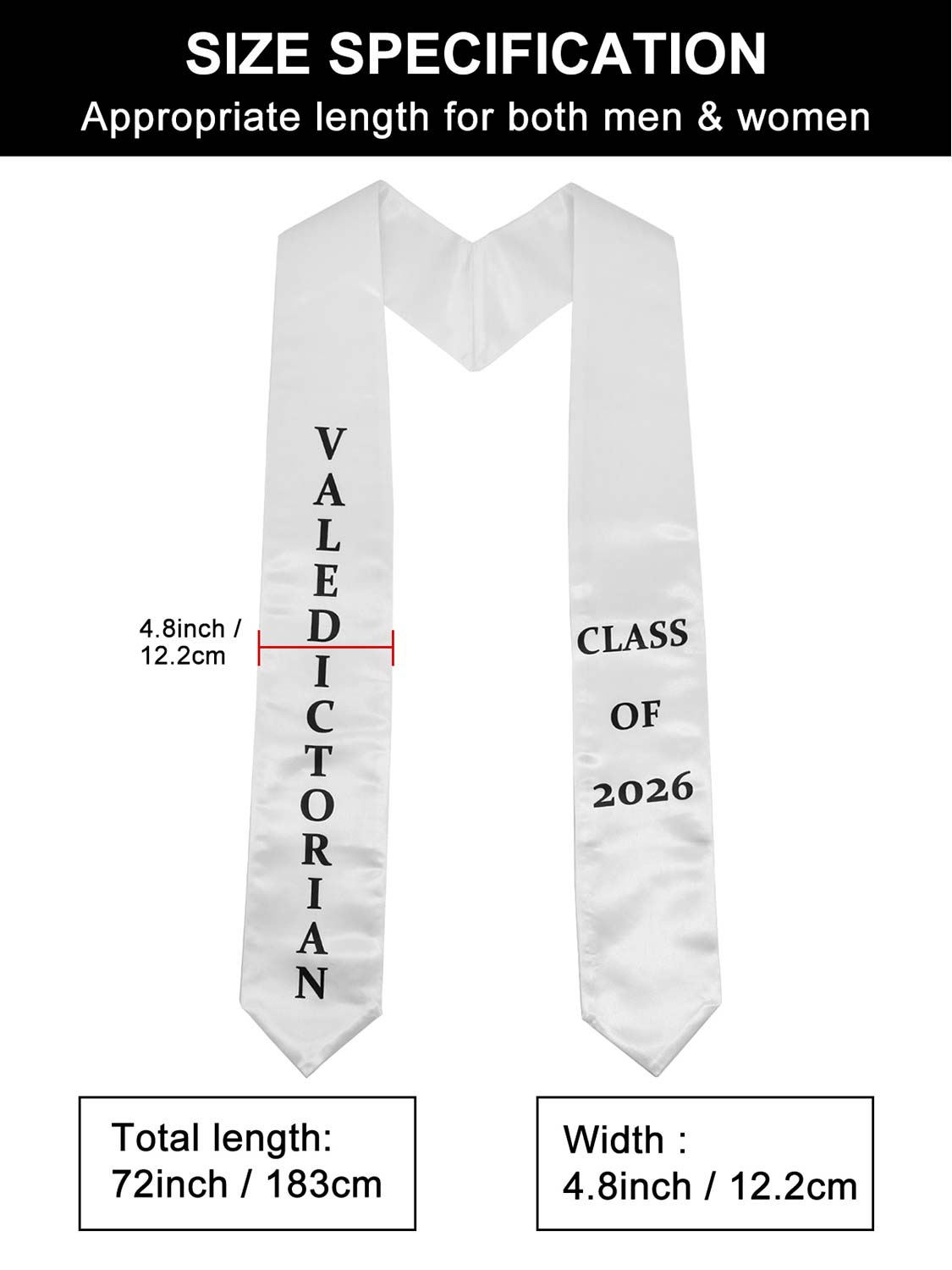 Class of 2026 Printed Valedictorian, Salutatorian & Honor Graduation Stole 72" - 2 Colors Available