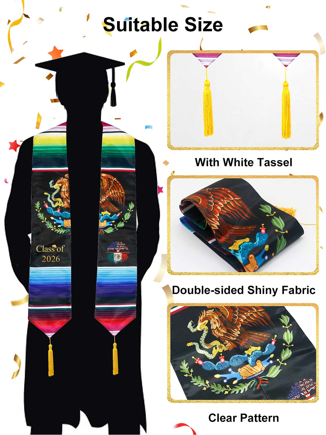 Class of 2026 Mexican Unisex Graduation Stole 72" with Gold Tassel