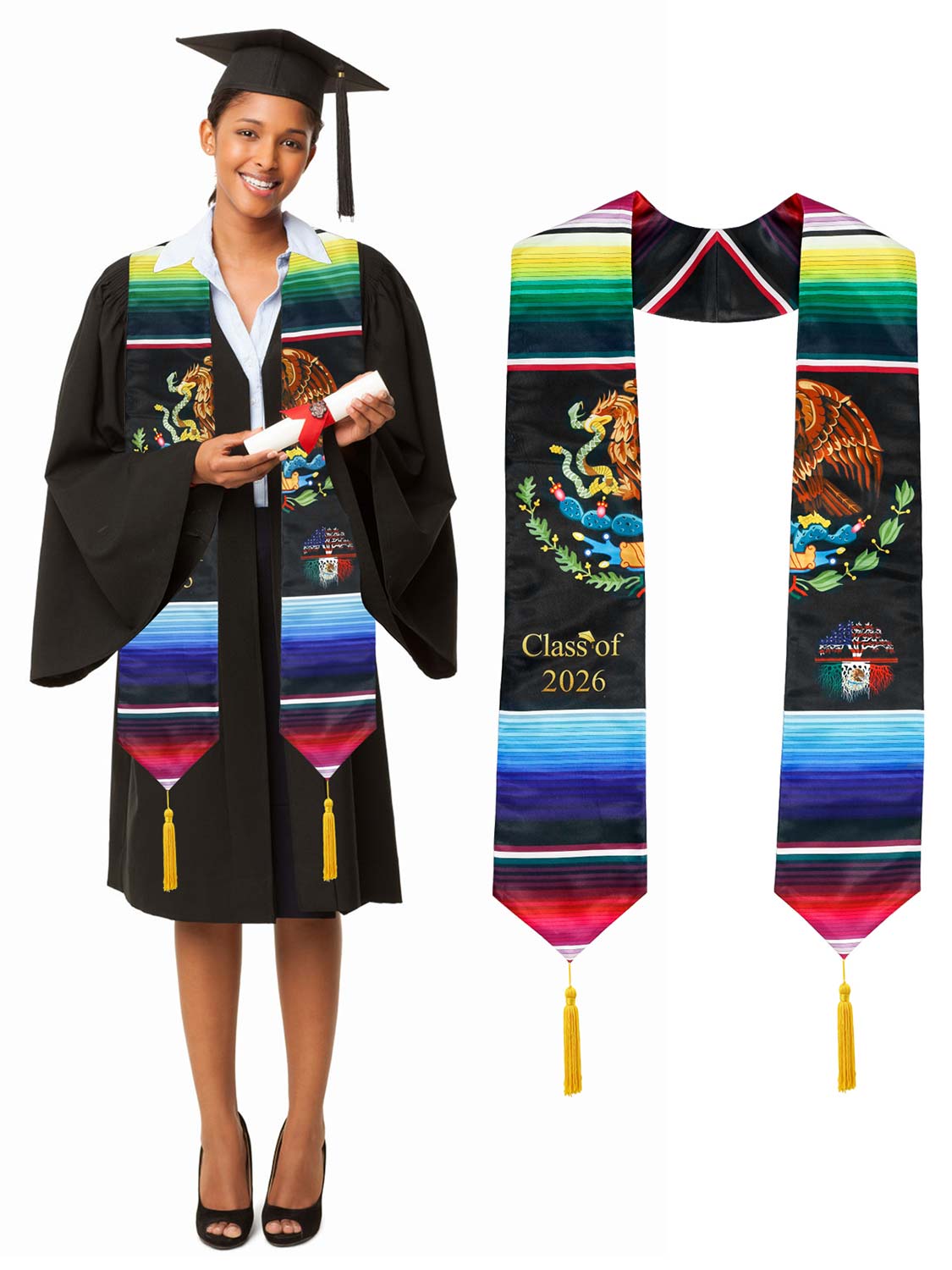 Class of 2026 Mexican Unisex Graduation Stole 72" with Gold Tassel