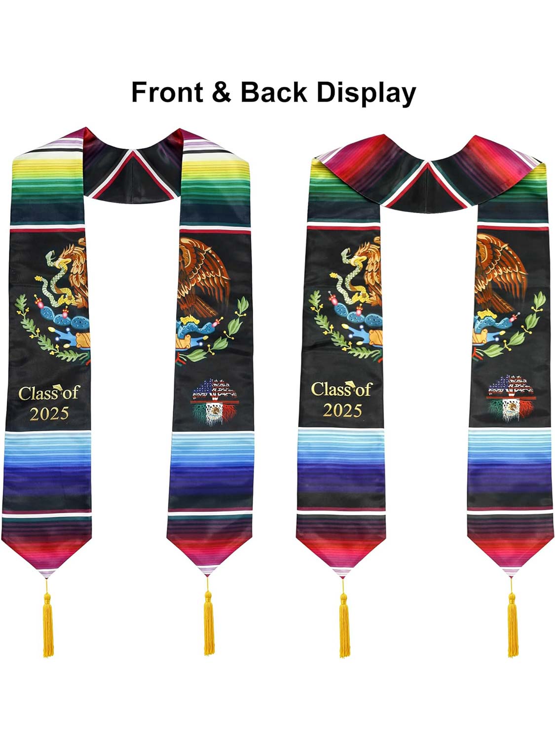 Class of 2025 Mexican Unisex Graduation Stole 72" with Gold Tassel - 2 Styles Available