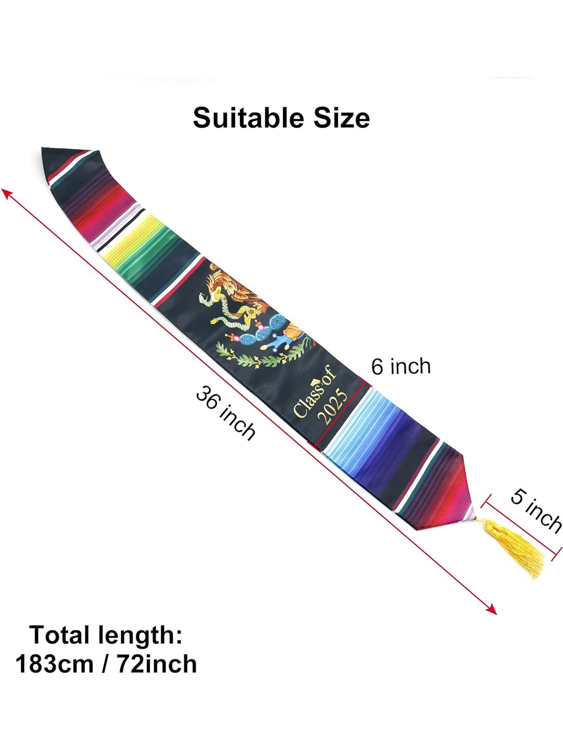 Class of 2025 Mexican Unisex Graduation Stole 72" with Gold Tassel - 2 Styles Available