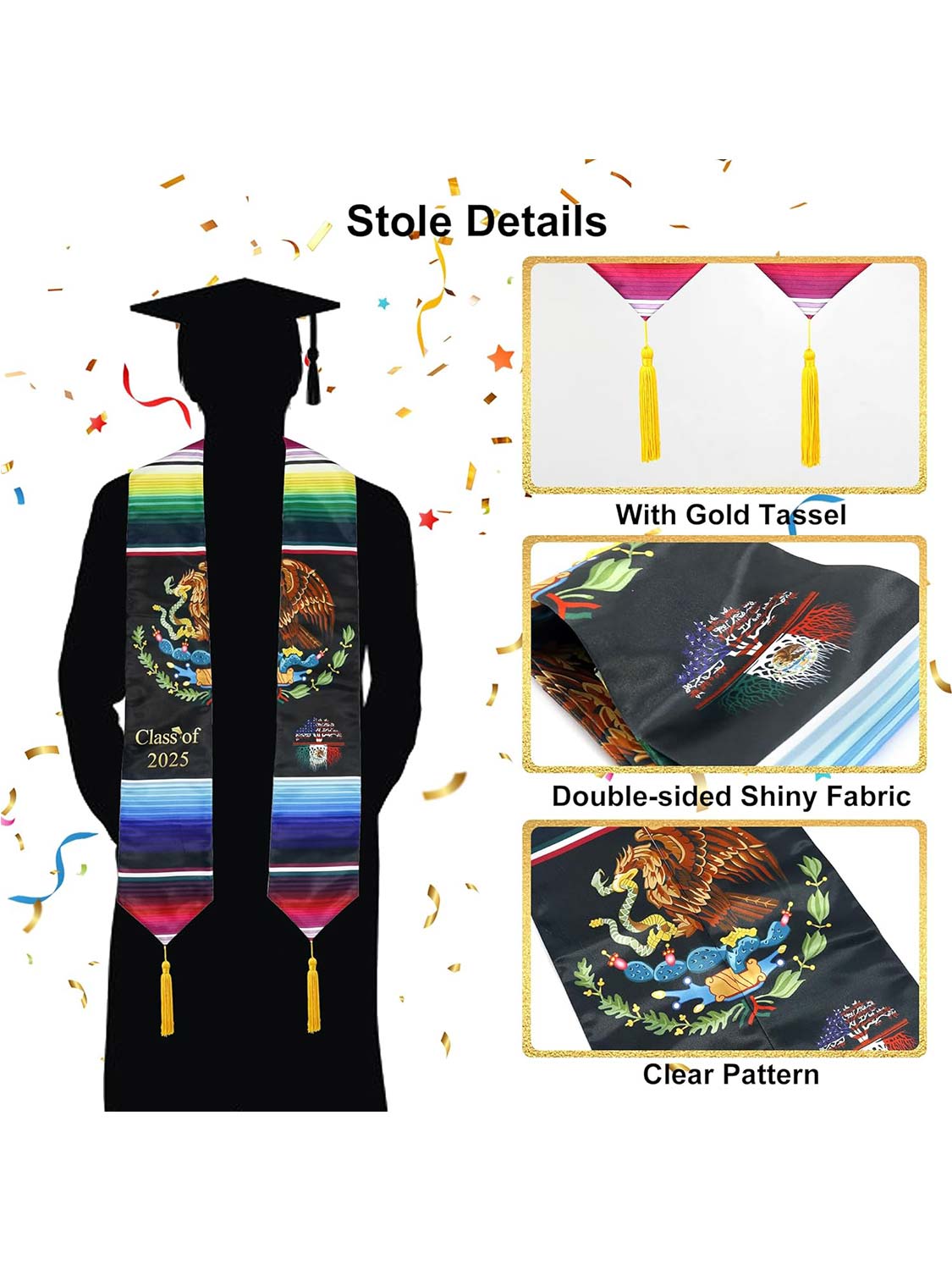 Class of 2025 Mexican Unisex Graduation Stole 72" with Gold Tassel - 2 Styles Available