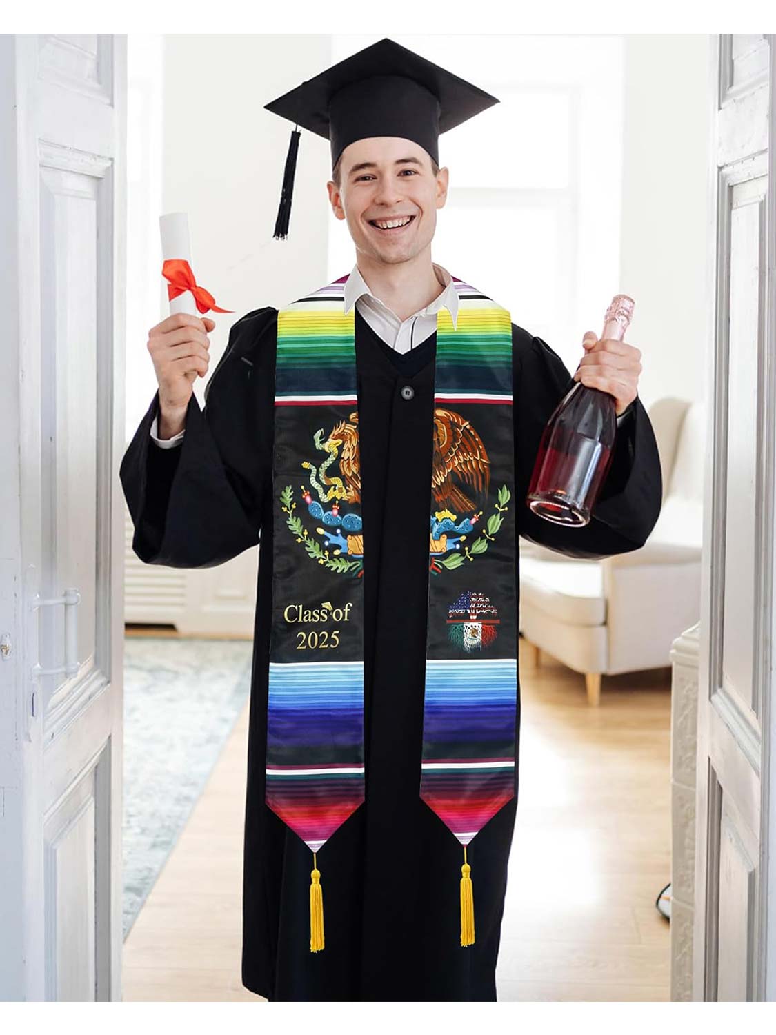 Class of 2025 Mexican Unisex Graduation Stole 72" with Gold Tassel - 2 Styles Available