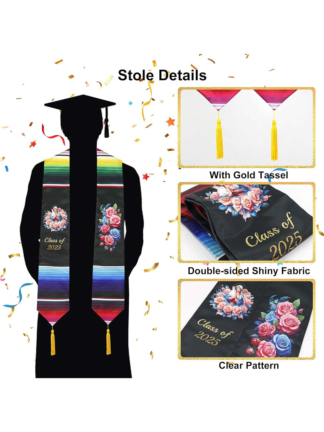 Class of 2025 Mexican Unisex Graduation Stole 72" with Gold Tassel - 2 Styles Available
