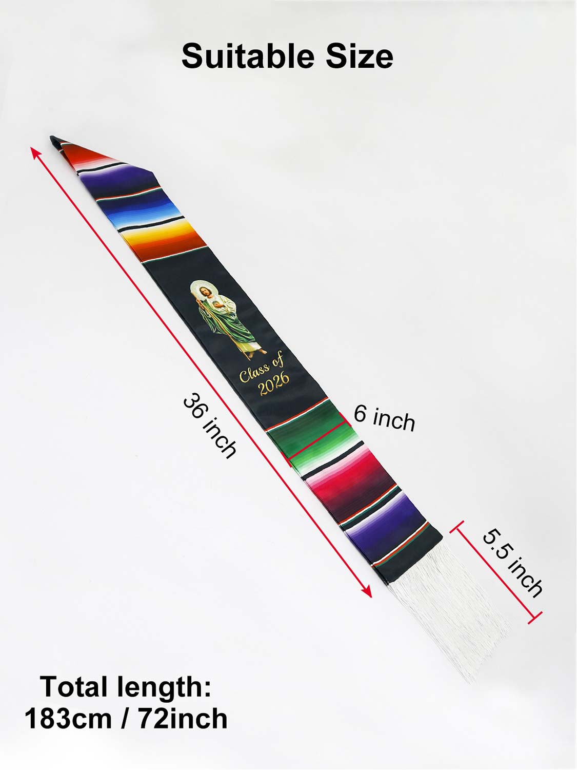 Mexican 72" Class of 2026 Graduation Stole with White Tassels - 4 styles available
