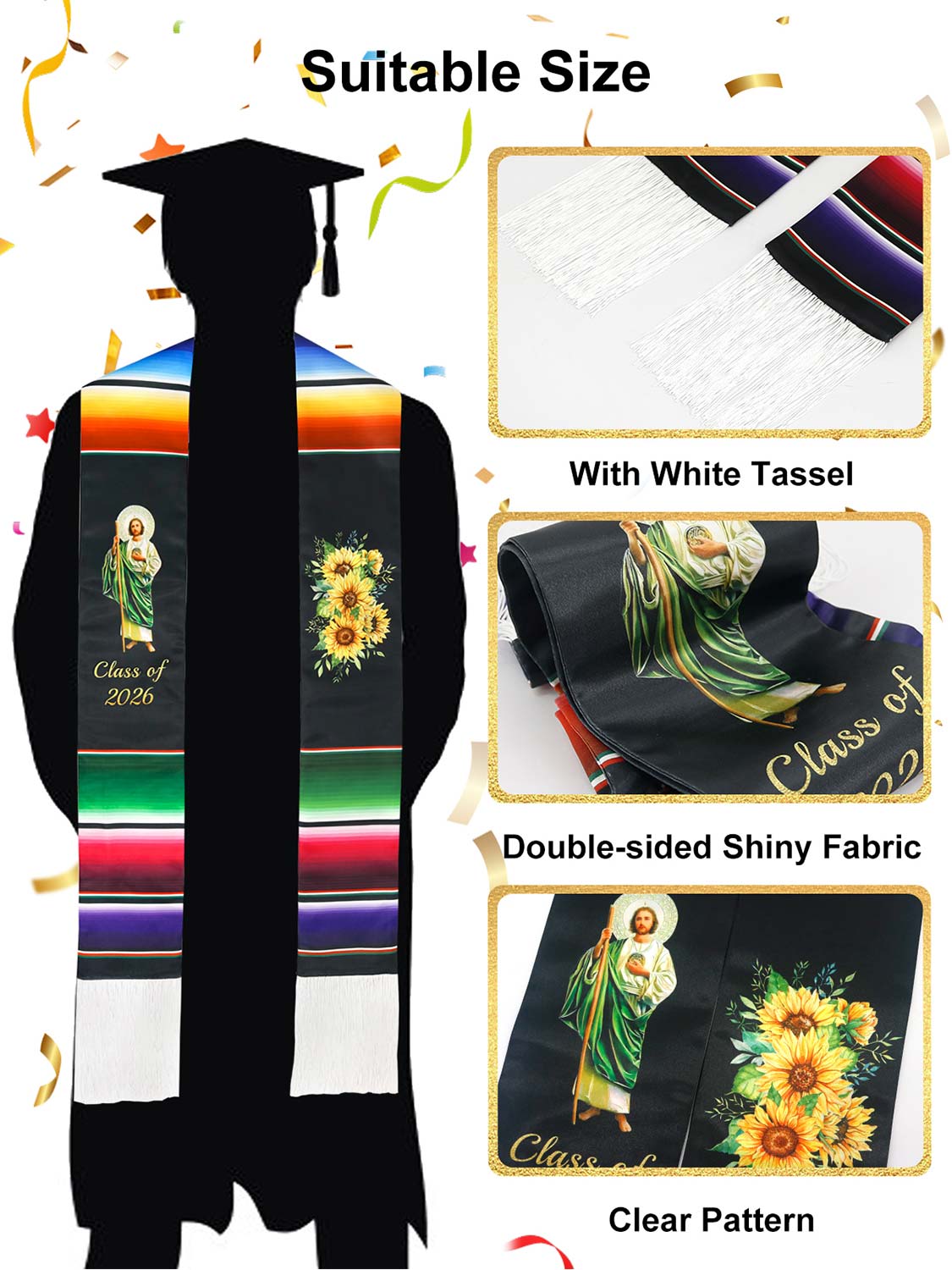 Mexican 72" Class of 2026 Graduation Stole with White Tassels - 4 styles available