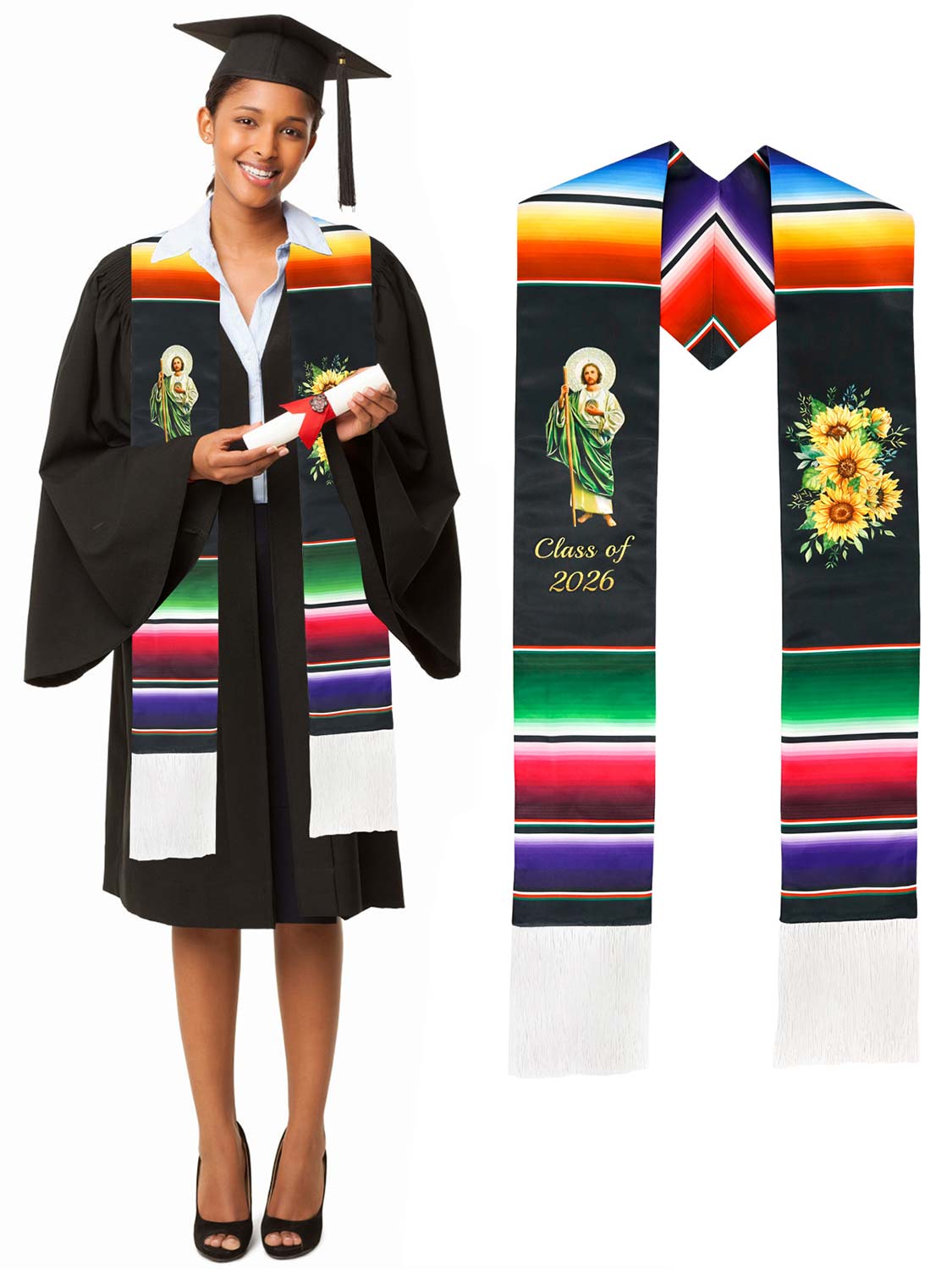 Mexican 72" Class of 2026 Graduation Stole with White Tassels - 4 styles available