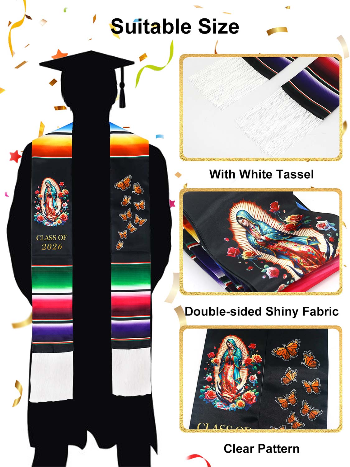 Mexican 72" Class of 2026 Graduation Stole with White Tassels - 4 styles available