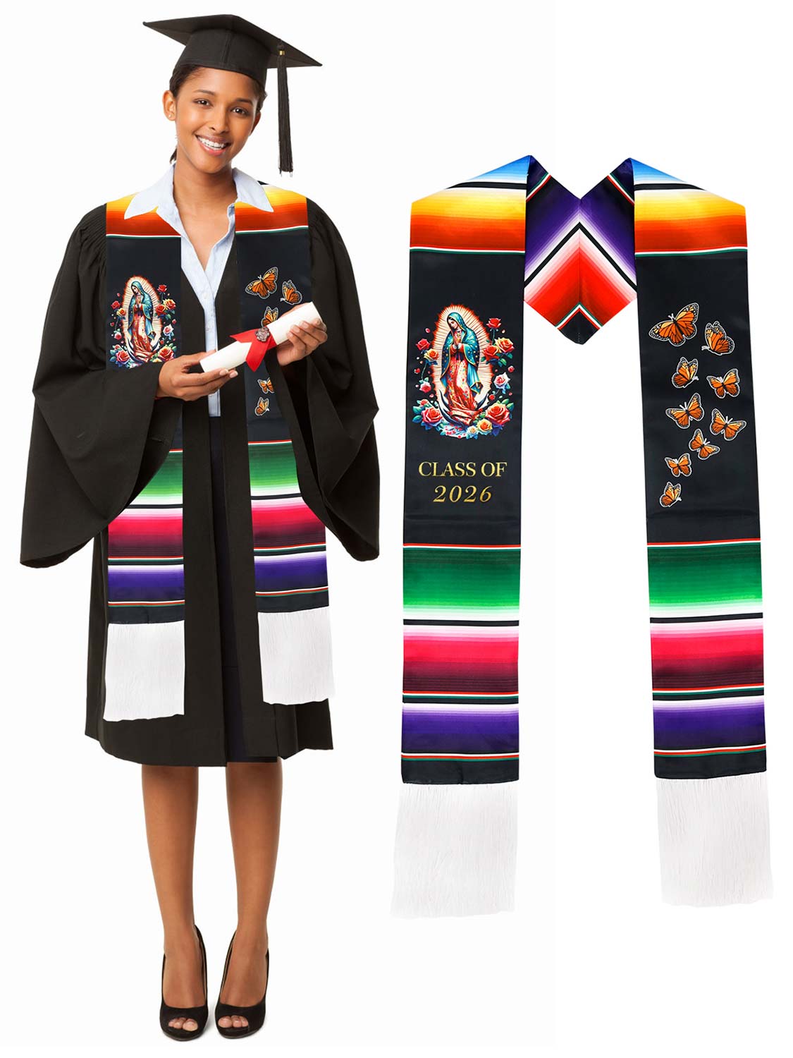 Mexican 72" Class of 2026 Graduation Stole with White Tassels - 4 styles available