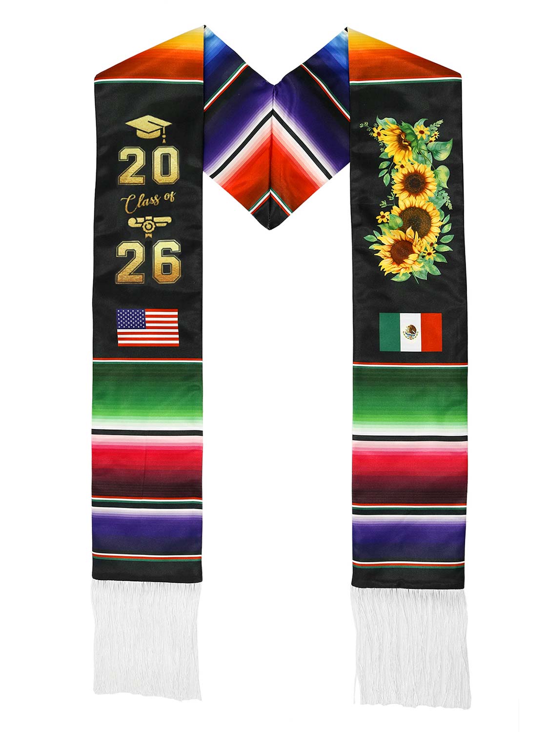 Mexican 72" Class of 2026 Graduation Stole with White Tassels - 4 styles available
