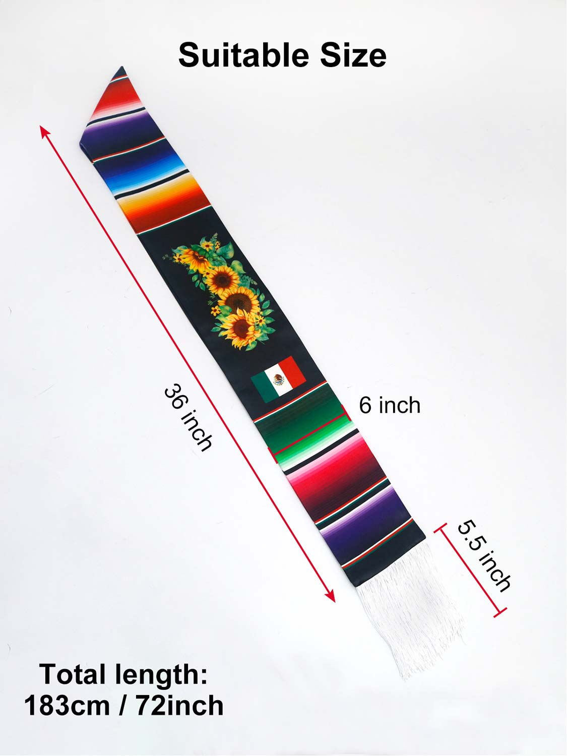 Mexican 72" Class of 2026 Graduation Stole with White Tassels - 4 styles available