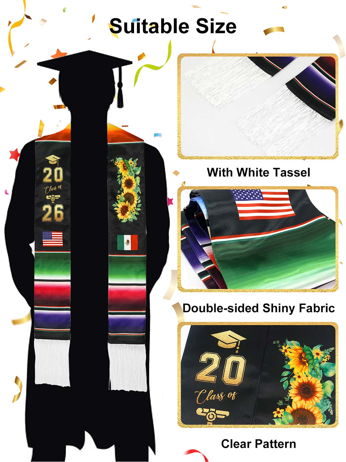 Mexican 72" Class of 2026 Graduation Stole with White Tassels - 4 styles available