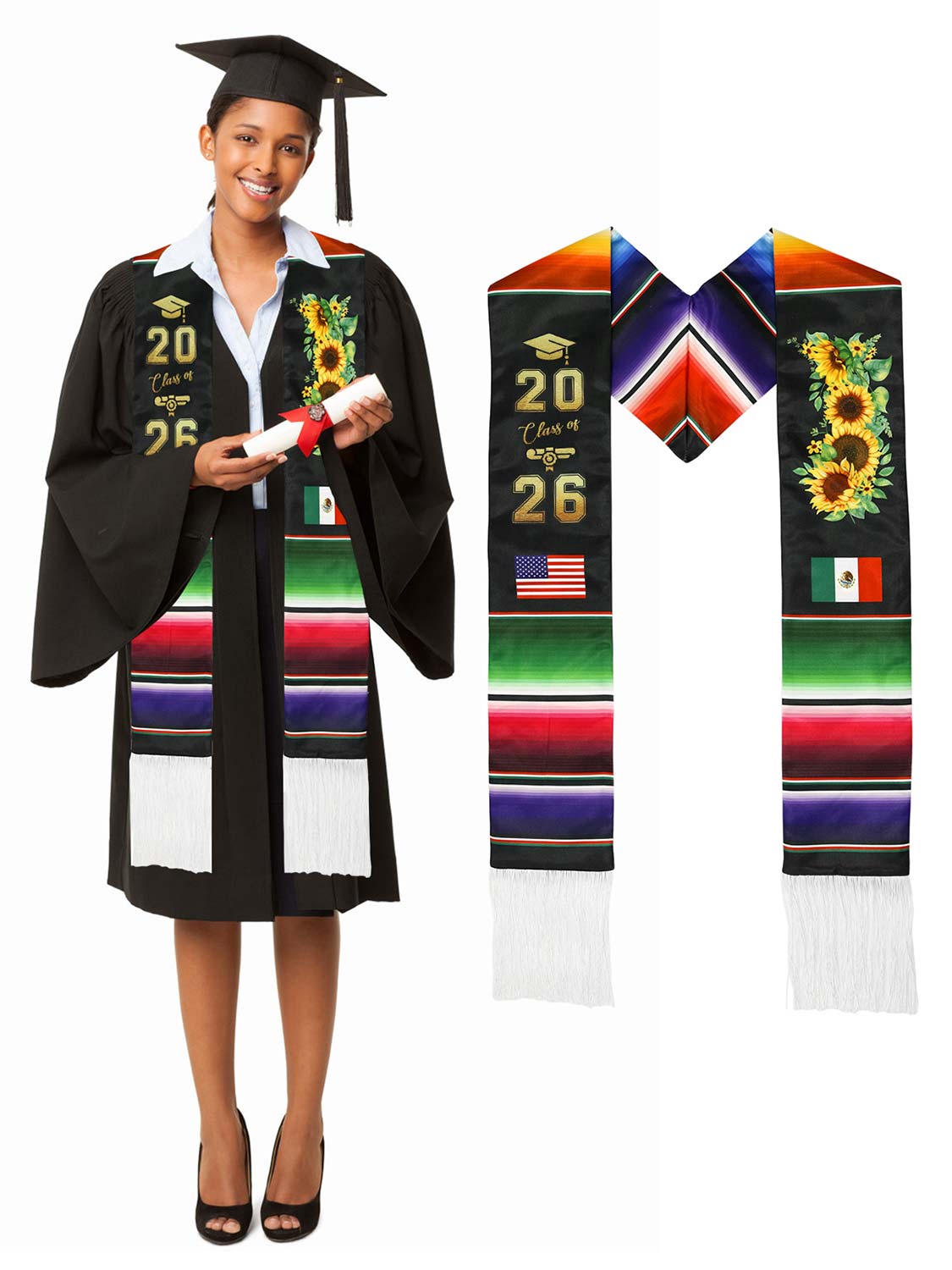 Mexican 72" Class of 2026 Graduation Stole with White Tassels - 4 styles available