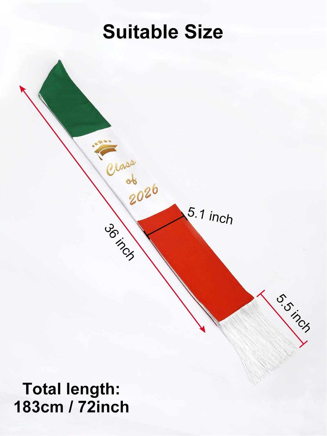 Mexican 72" Class of 2026 Graduation Stole with White Tassels - 4 styles available
