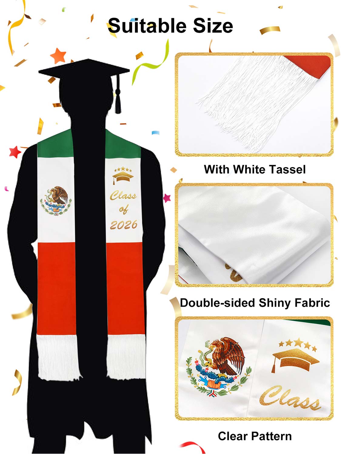 Mexican 72" Class of 2026 Graduation Stole with White Tassels - 4 styles available