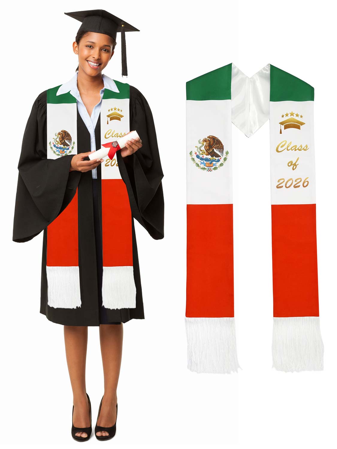 Mexican 72" Class of 2026 Graduation Stole with White Tassels - 4 styles available