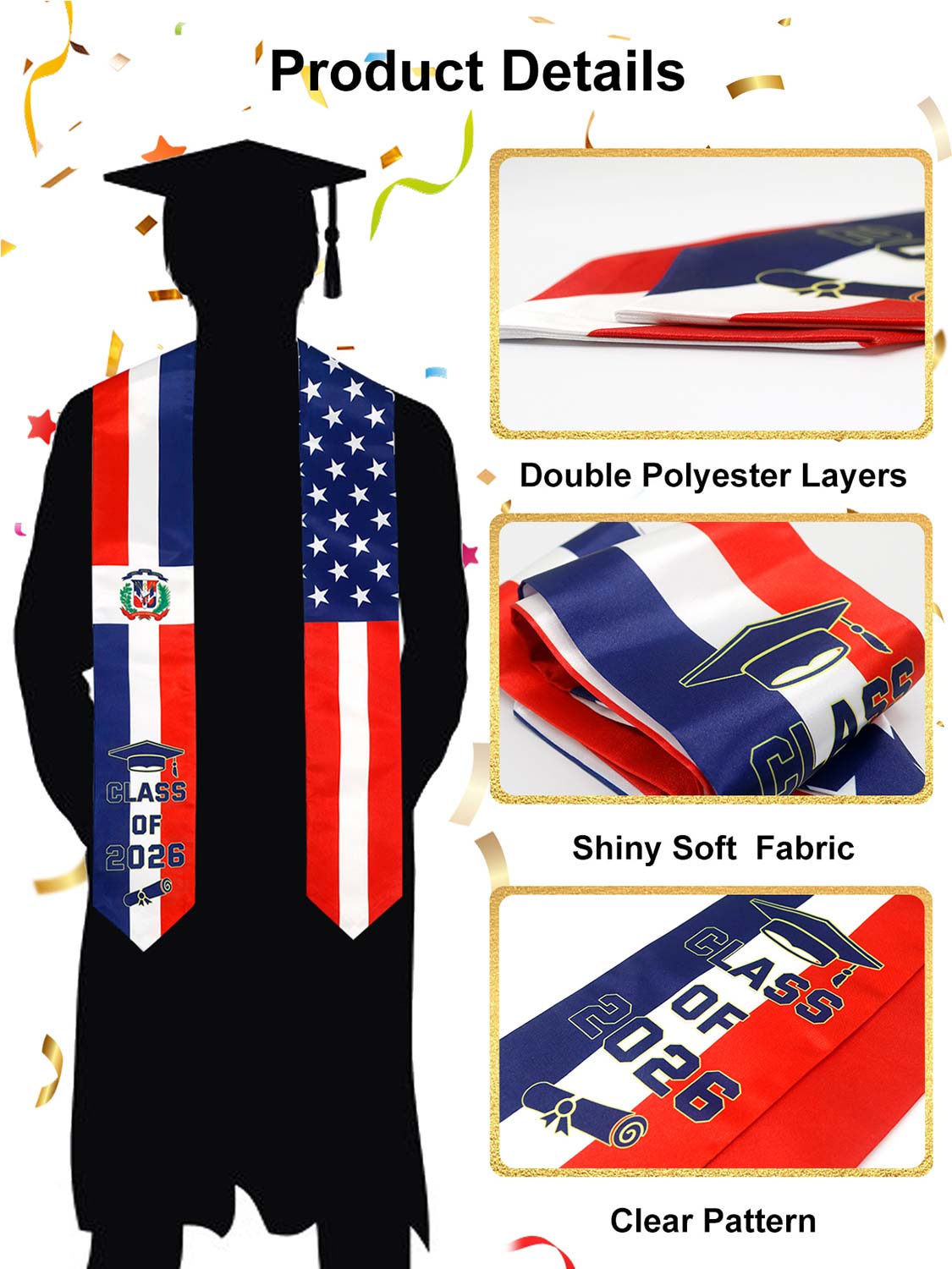Class of 2026 Flag Graduation Stole for Adults 72" - 8 Styles Available