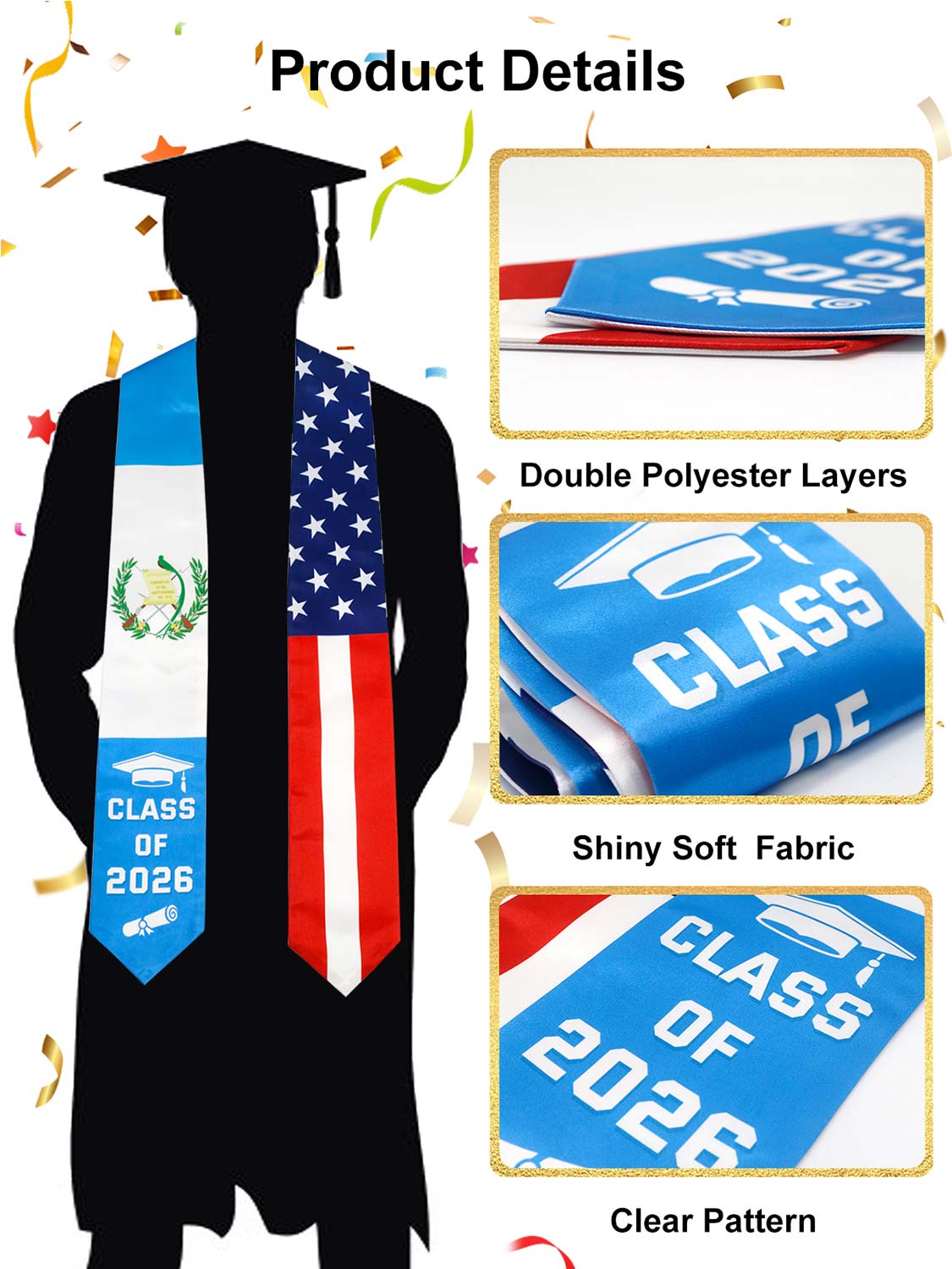 Class of 2026 Flag Graduation Stole for Adults 72" - 8 Styles Available