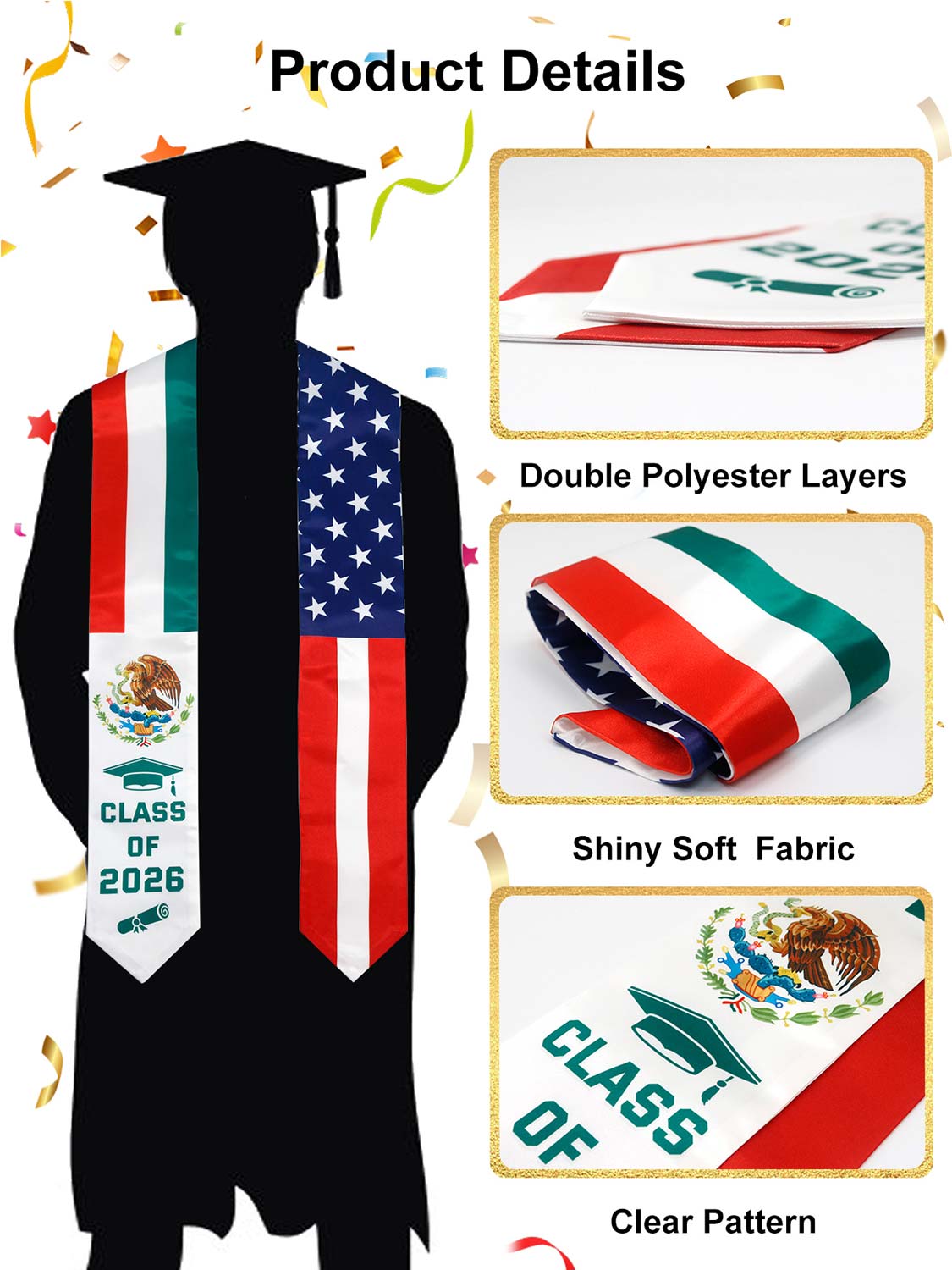 Class of 2026 Flag Graduation Stole for Adults 72" - 8 Styles Available