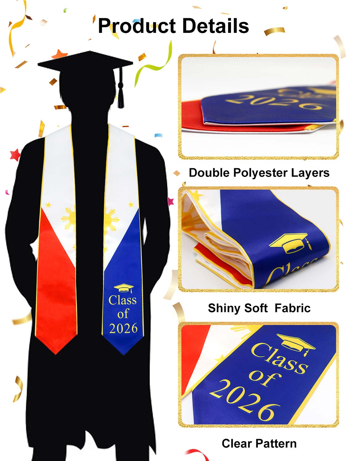 Class of 2026 Flag Graduation Stole for Adults 72" - 8 Styles Available